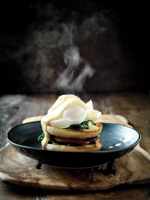 Smoked Chorizo Eggs Benedict on Loaf English Muffin