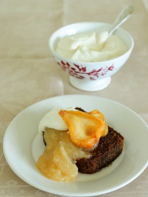 Spicy Carrot Loaf with Pear Puree & Ricotta Cream (GF)