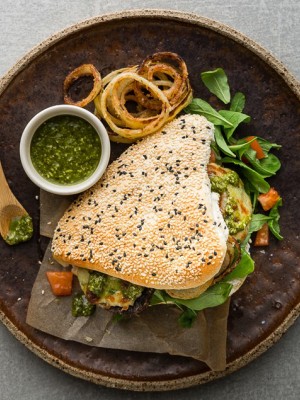 Portobello Mushroom Burgers with Onion Rings & Mint Pesto Aioli - My Food Bag