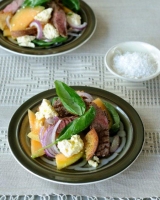 Melon, lamb, feta and rye bread salad