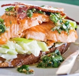 Bruschetta with salmon, leek and watercress pesto